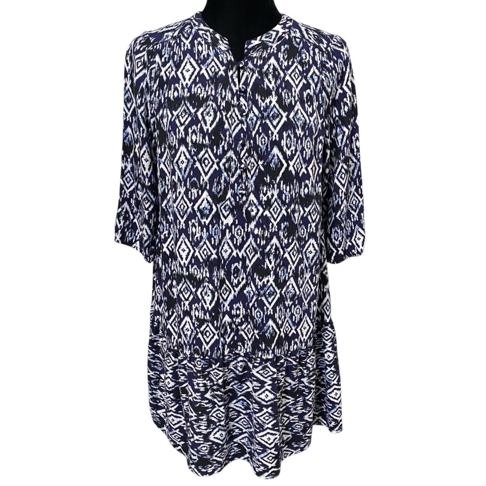 Doe & Rae Boho Ikat Mini Dress Blue White 70s Hippie Festival Style Medium